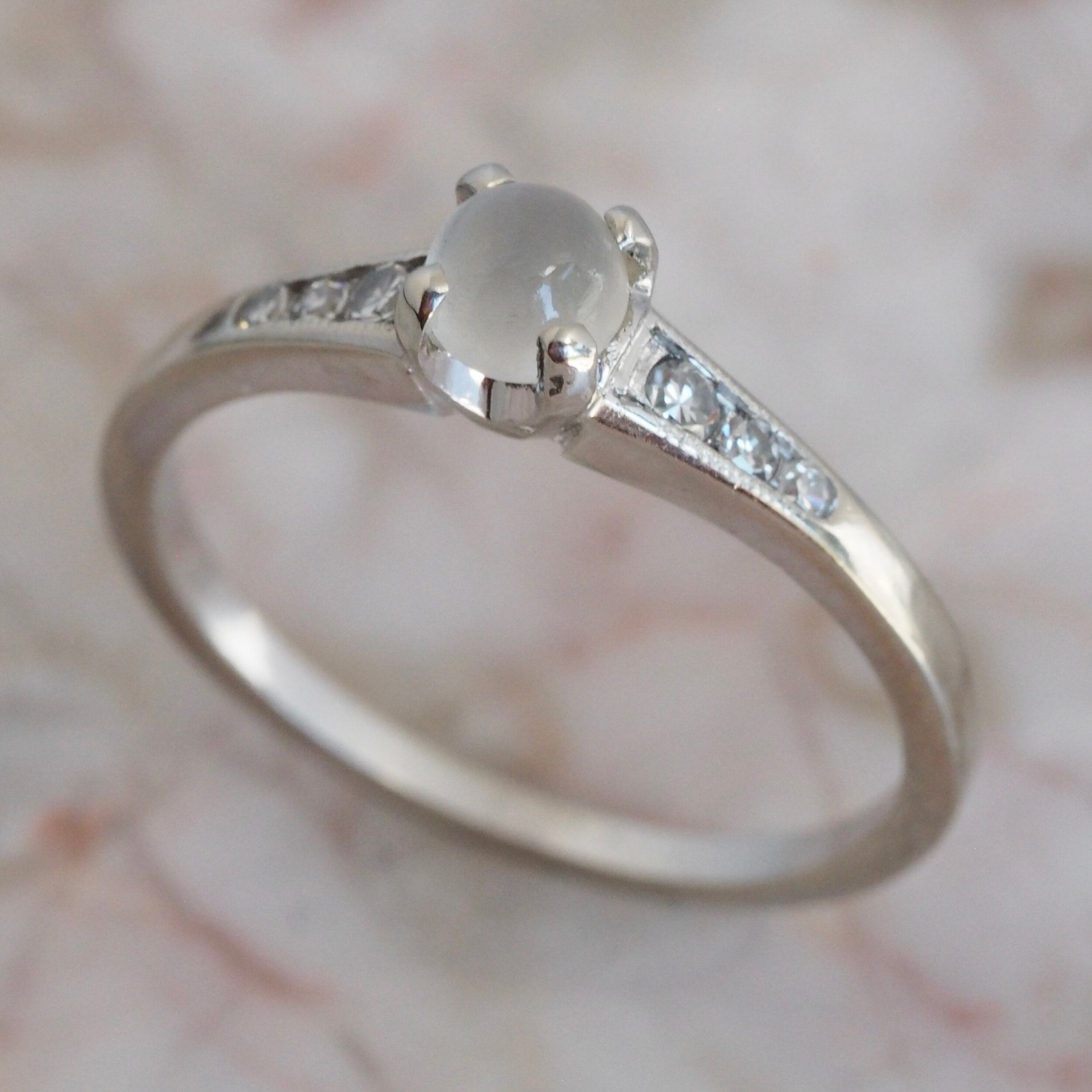 Midcentury 14k White Gold Moonstone and Diamond Solitaire Ring 4