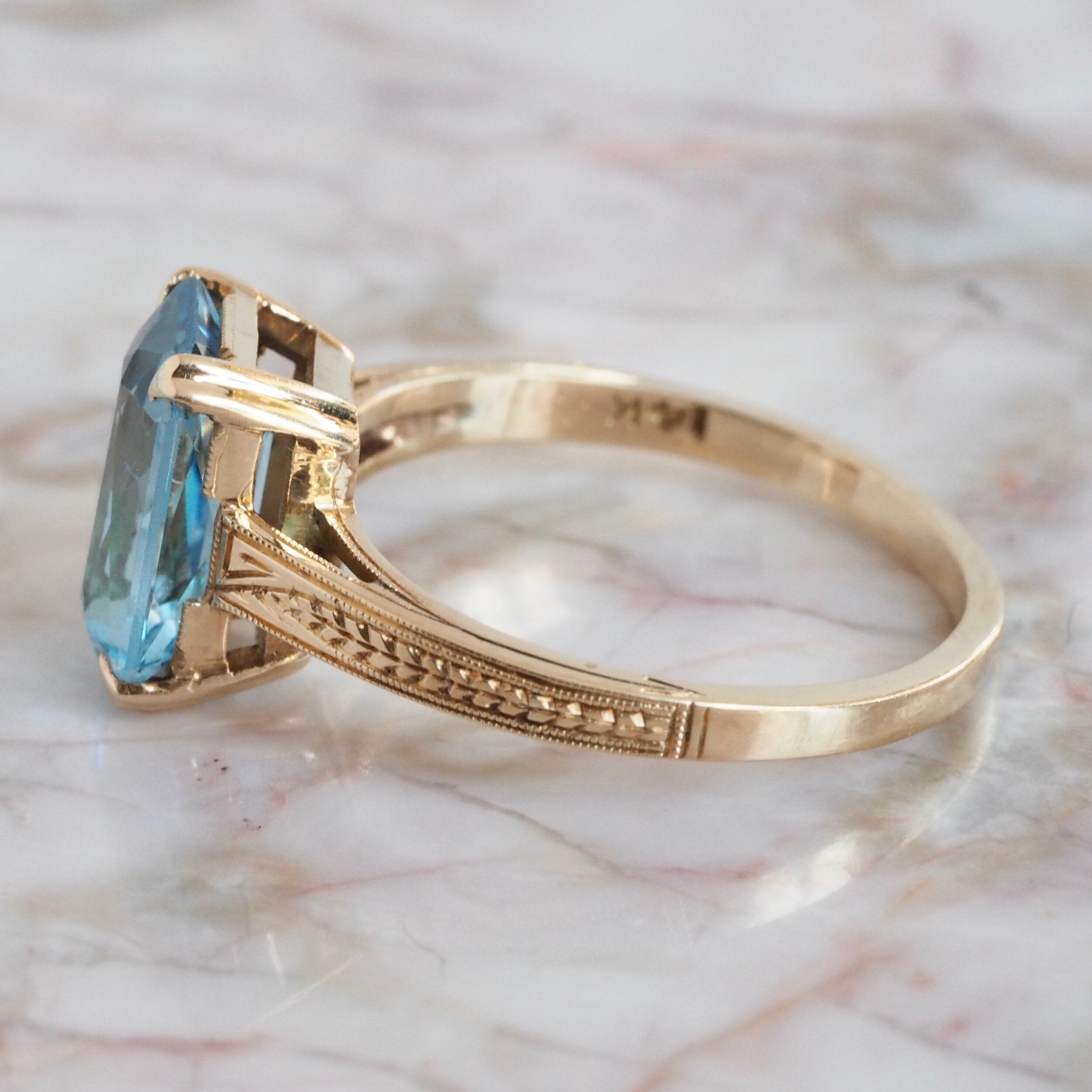 Art Deco 14k Gold Natural Blue Topaz Ring