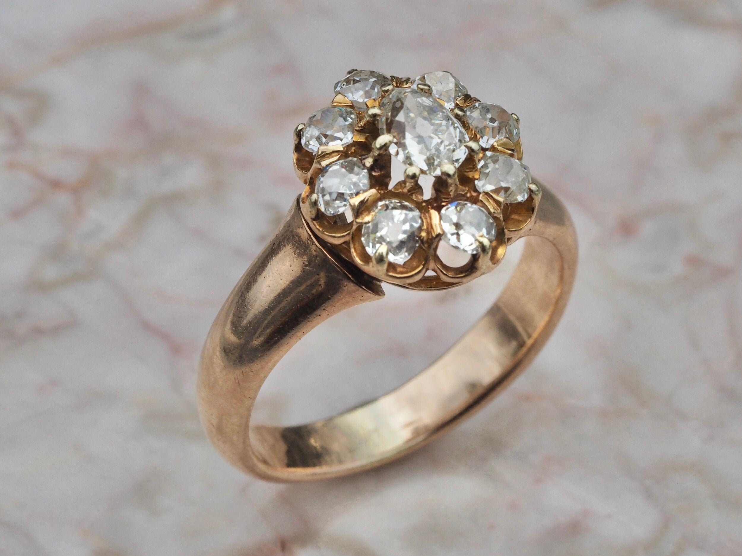 Victorian 14k Gold Old Mine Cut Diamond Cluster Ring