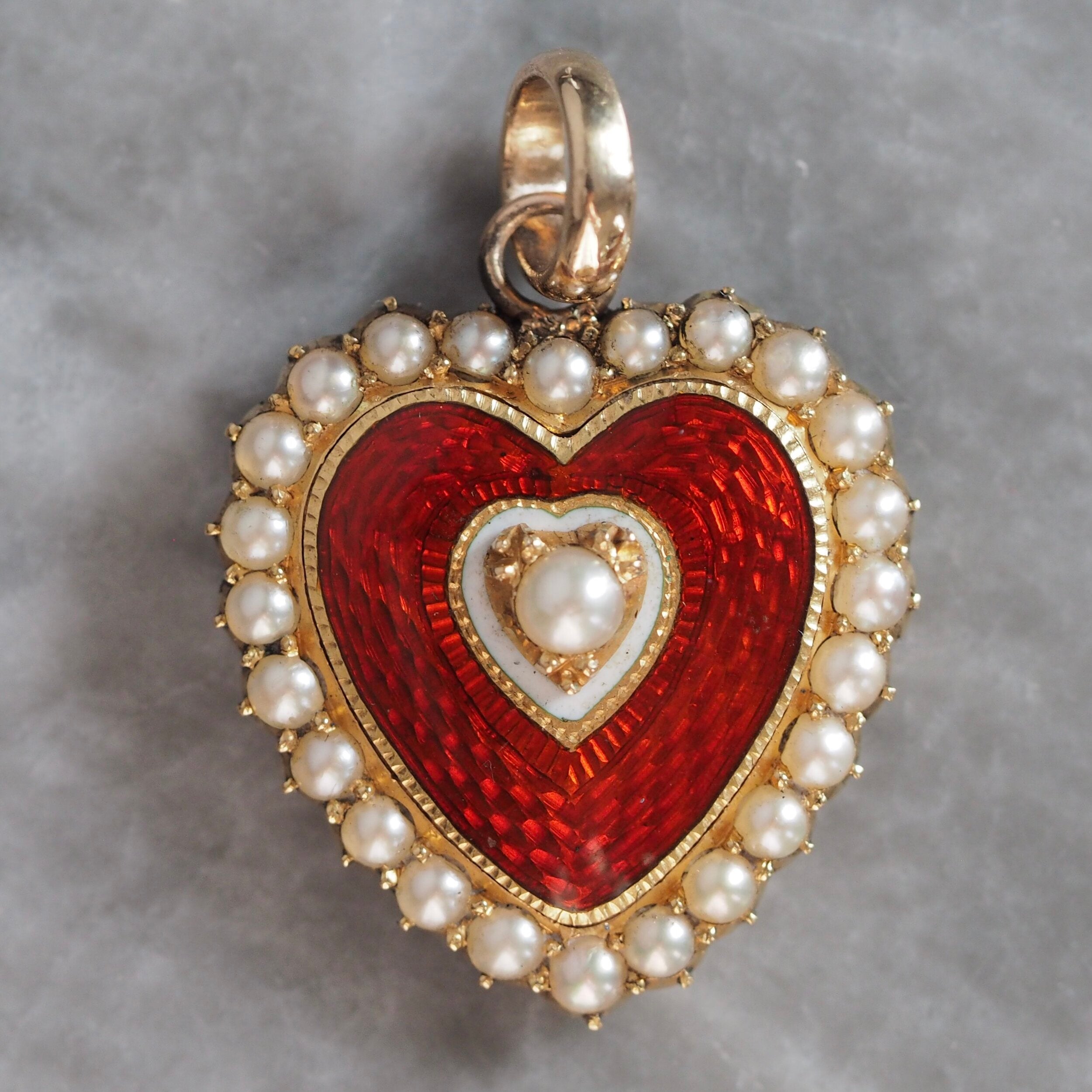Victorian English 14k Gold Enamel Guilloche Seed Pearl Heart