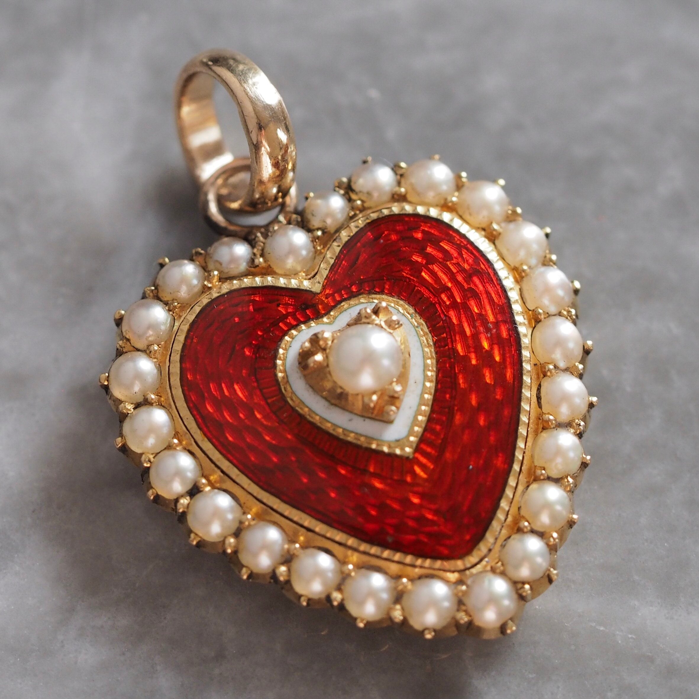 Victorian English 14k Gold Enamel Guilloche Seed Pearl Heart