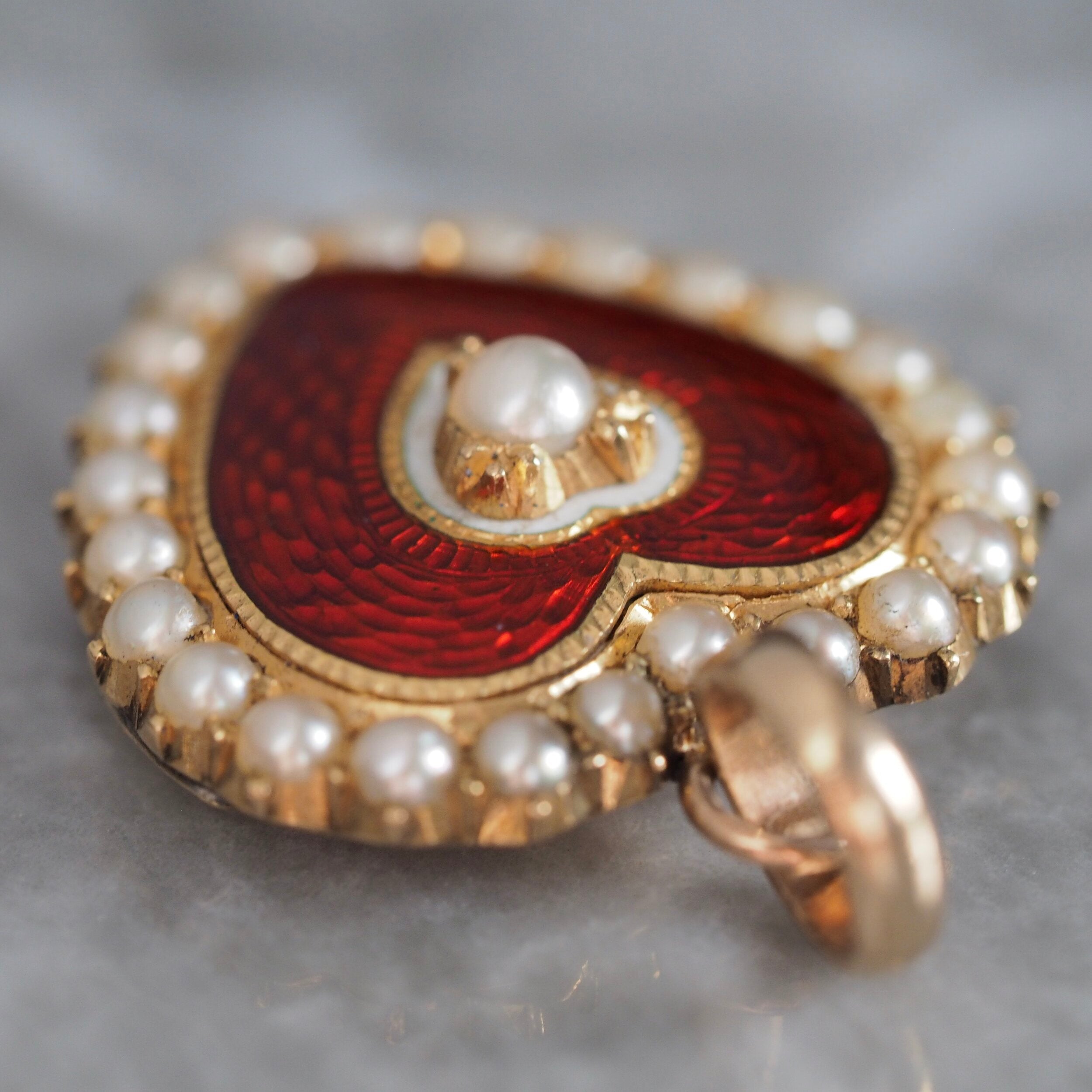 Victorian English 14k Gold Enamel Guilloche Seed Pearl Heart
