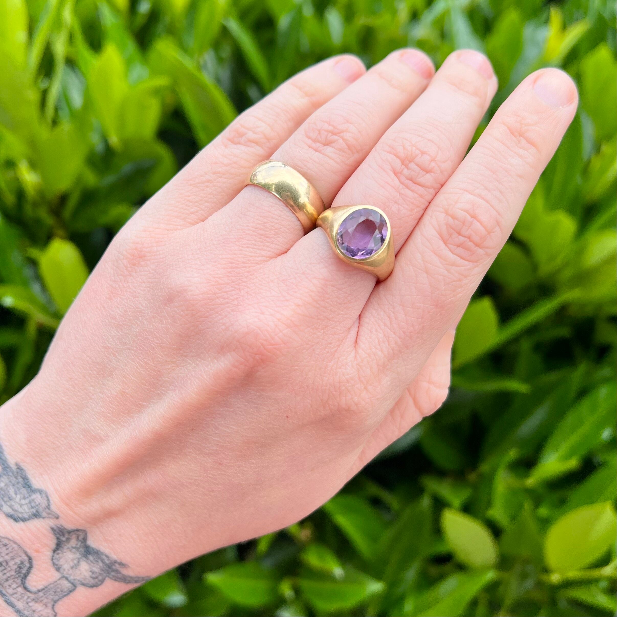 In love with these two beautiful vintage 14k gold rings. An owl, moon and  star engraved gemstone painted gold with a lil' diamond chip in the star.  And an Opal and seed pearl ring I had repaired with diamond accents. :  r/jewelry