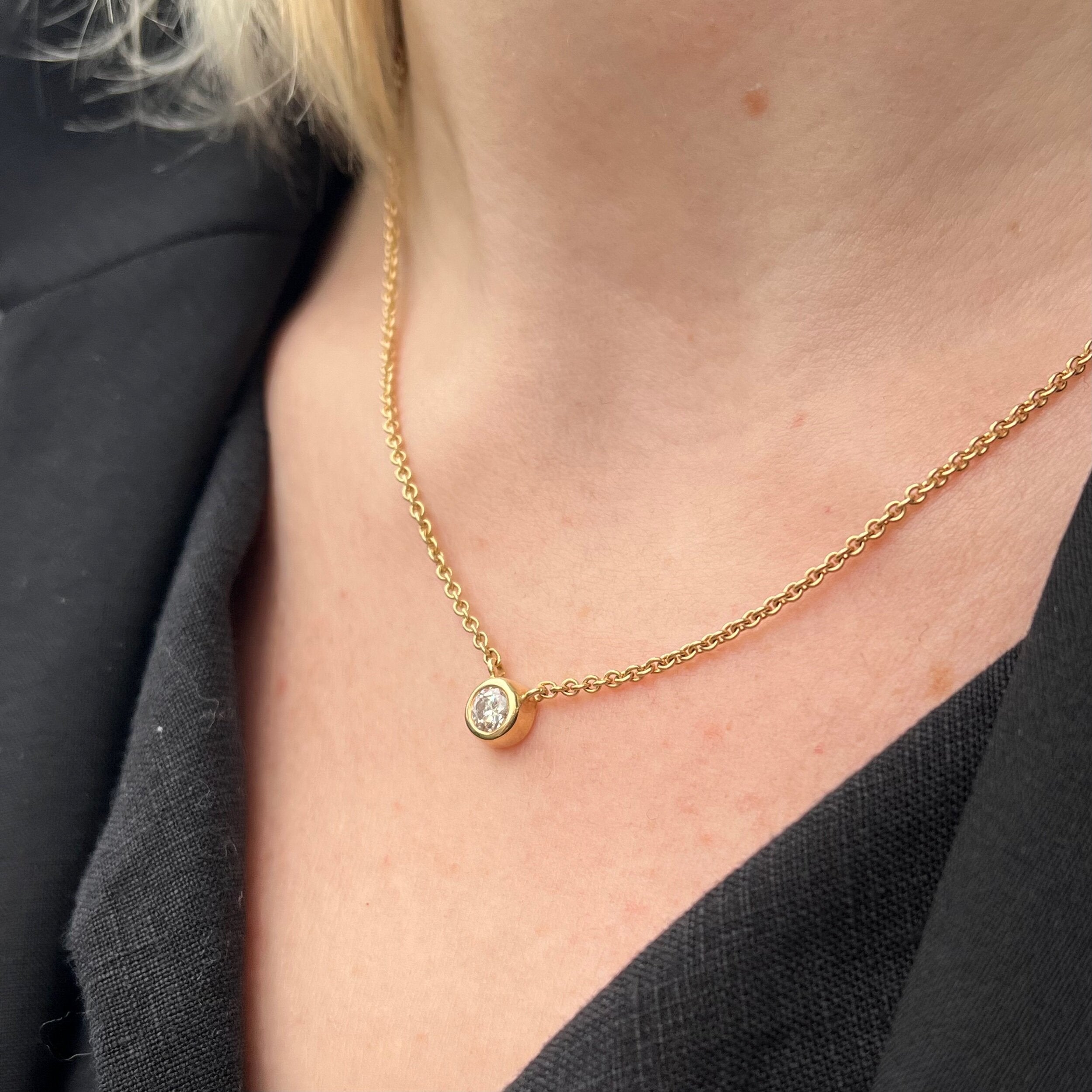 Vintage 14k Gold Bezel Set Diamond Solitaire Necklace