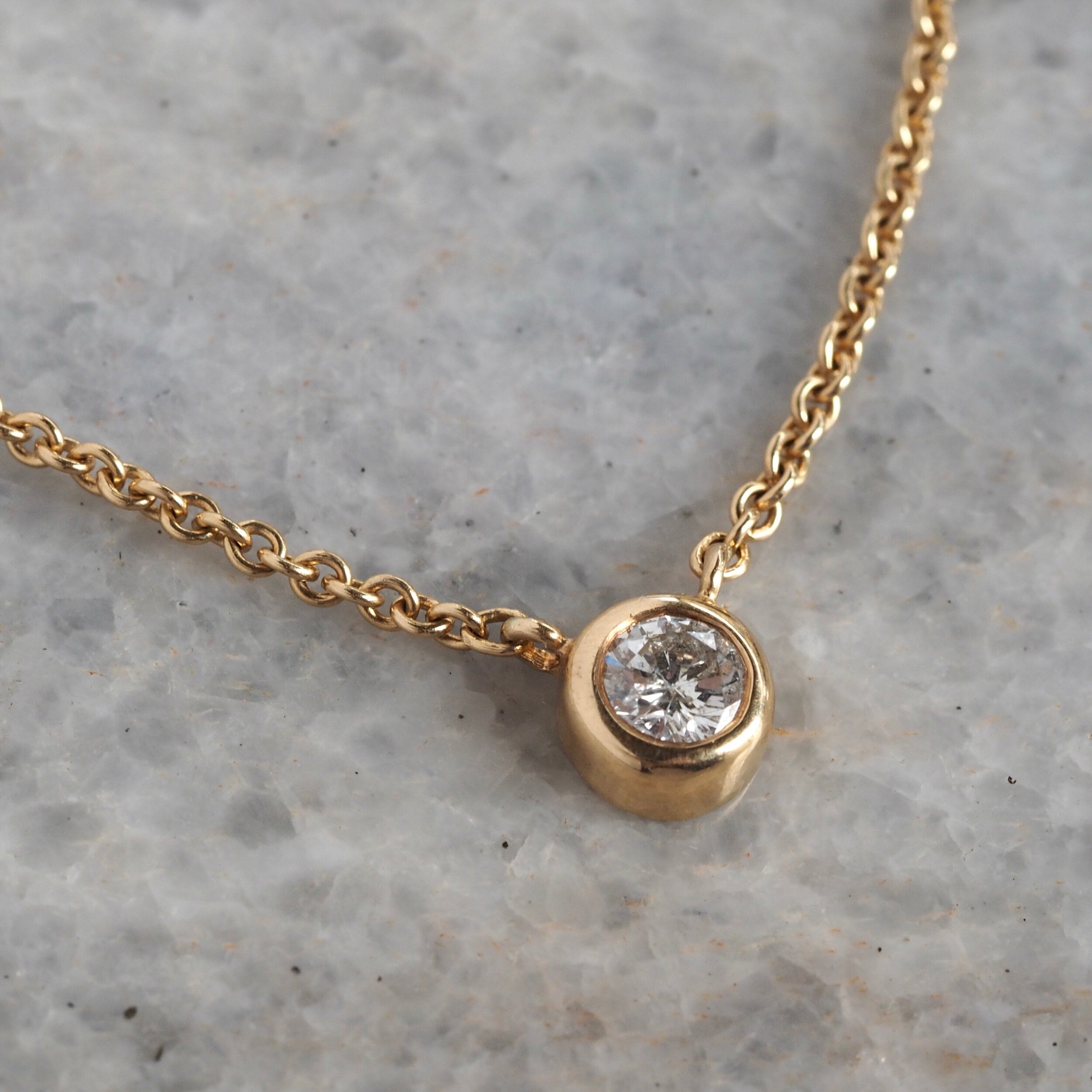 Vintage 14k Gold Bezel Set Diamond Solitaire Necklace