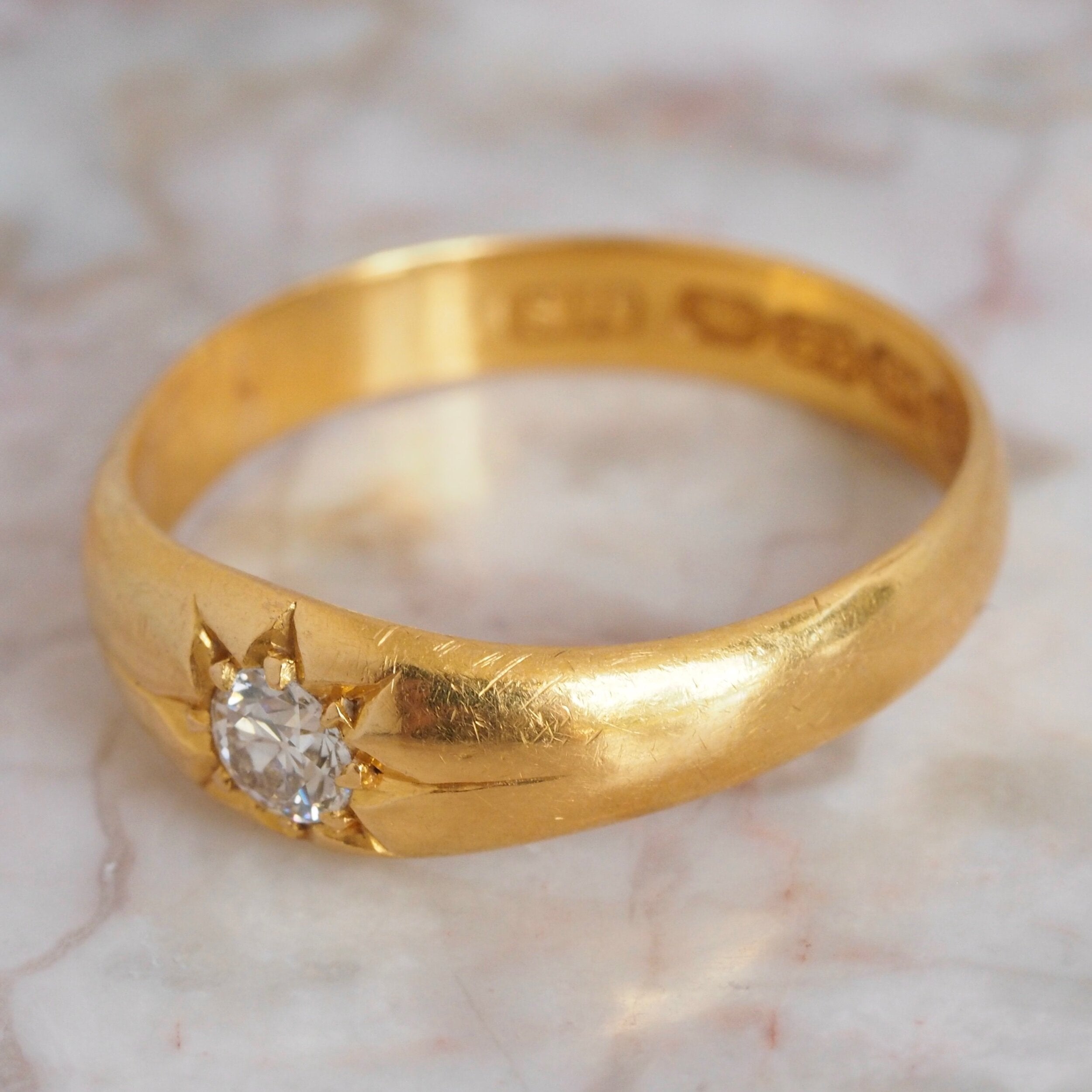 Antique English 22k Gold Old European Cut Flush Set Diamond Starburst Ring