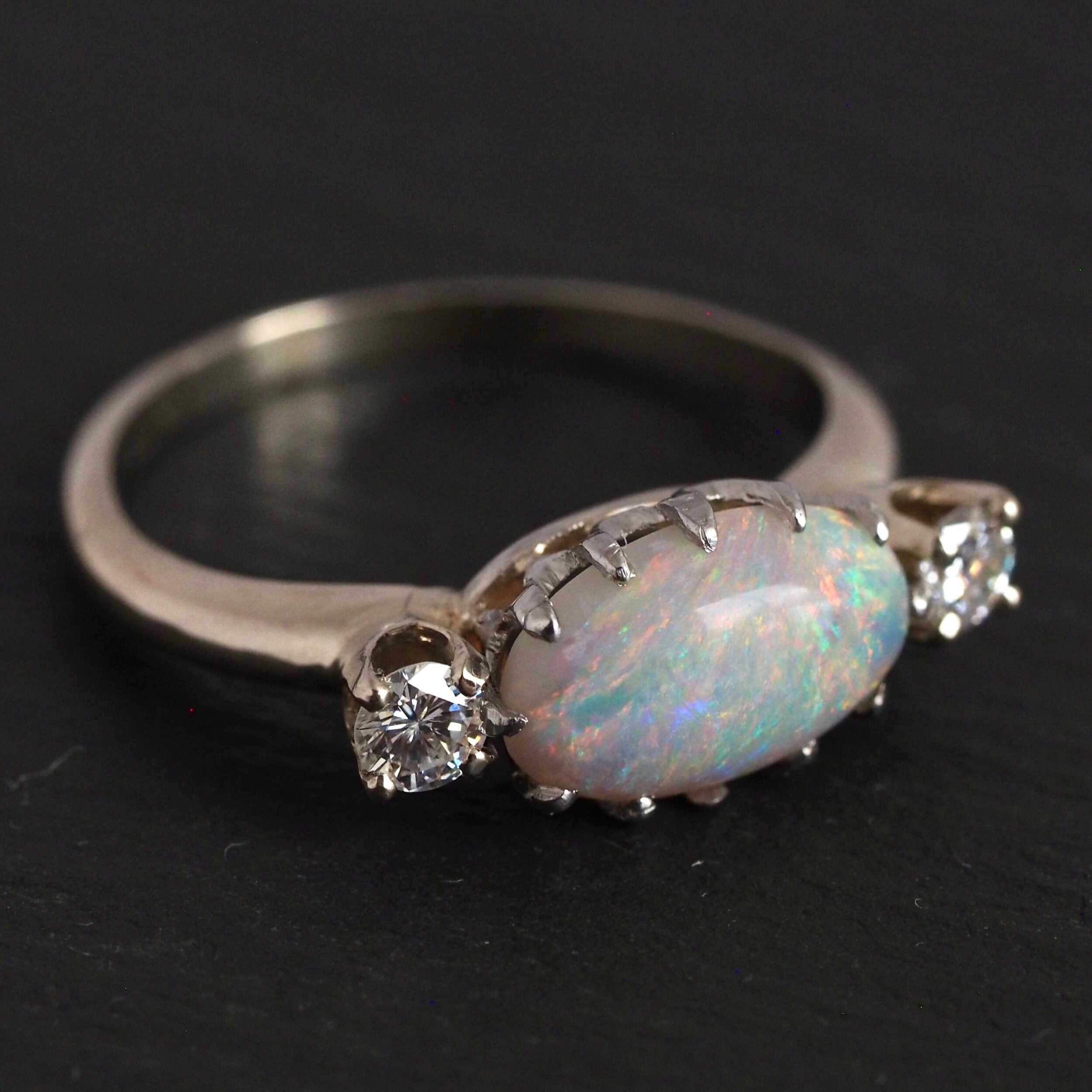 Vintage 14k White Gold Opal and Diamond Ring