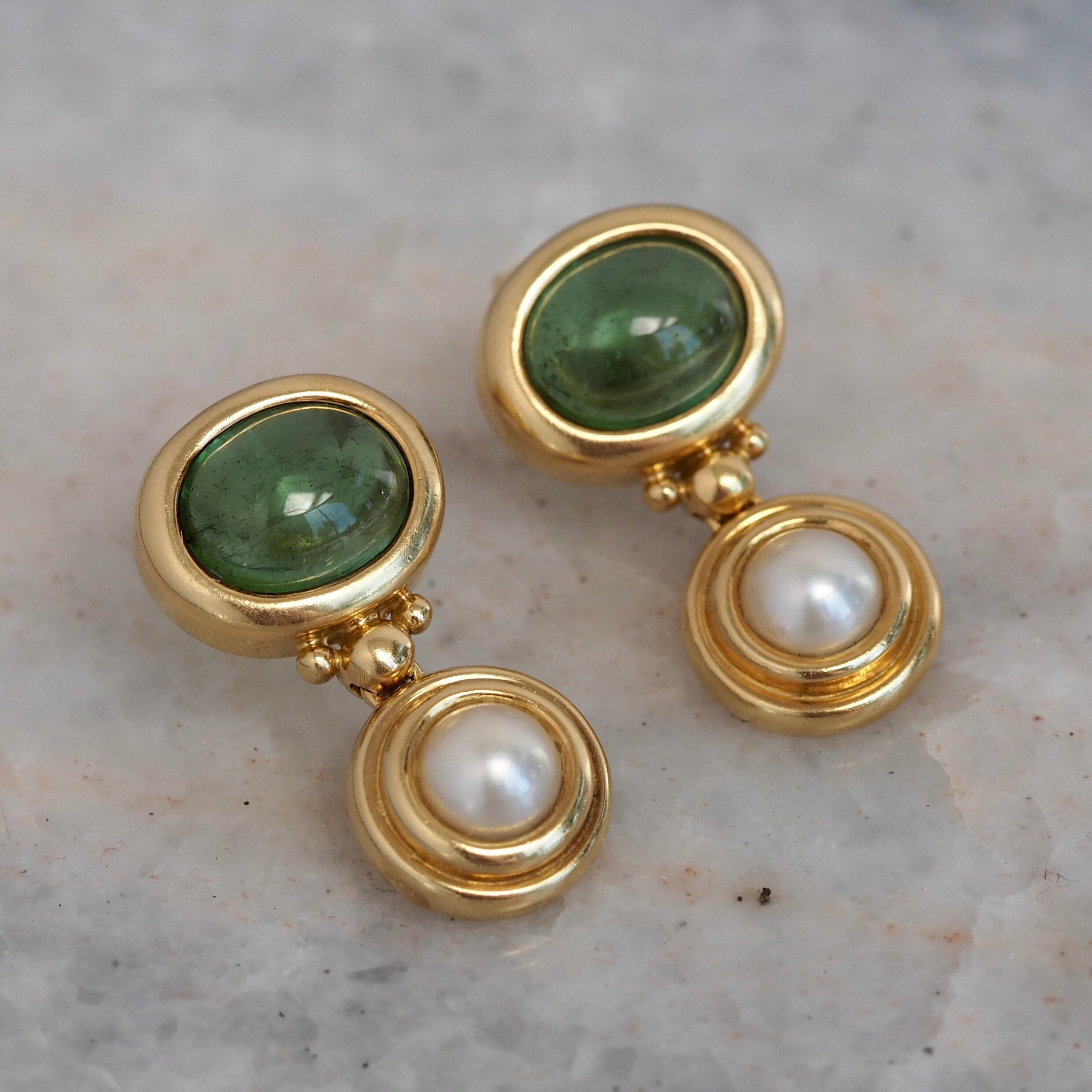 Vintage 18k Gold Tourmaline and Pearl Earrings