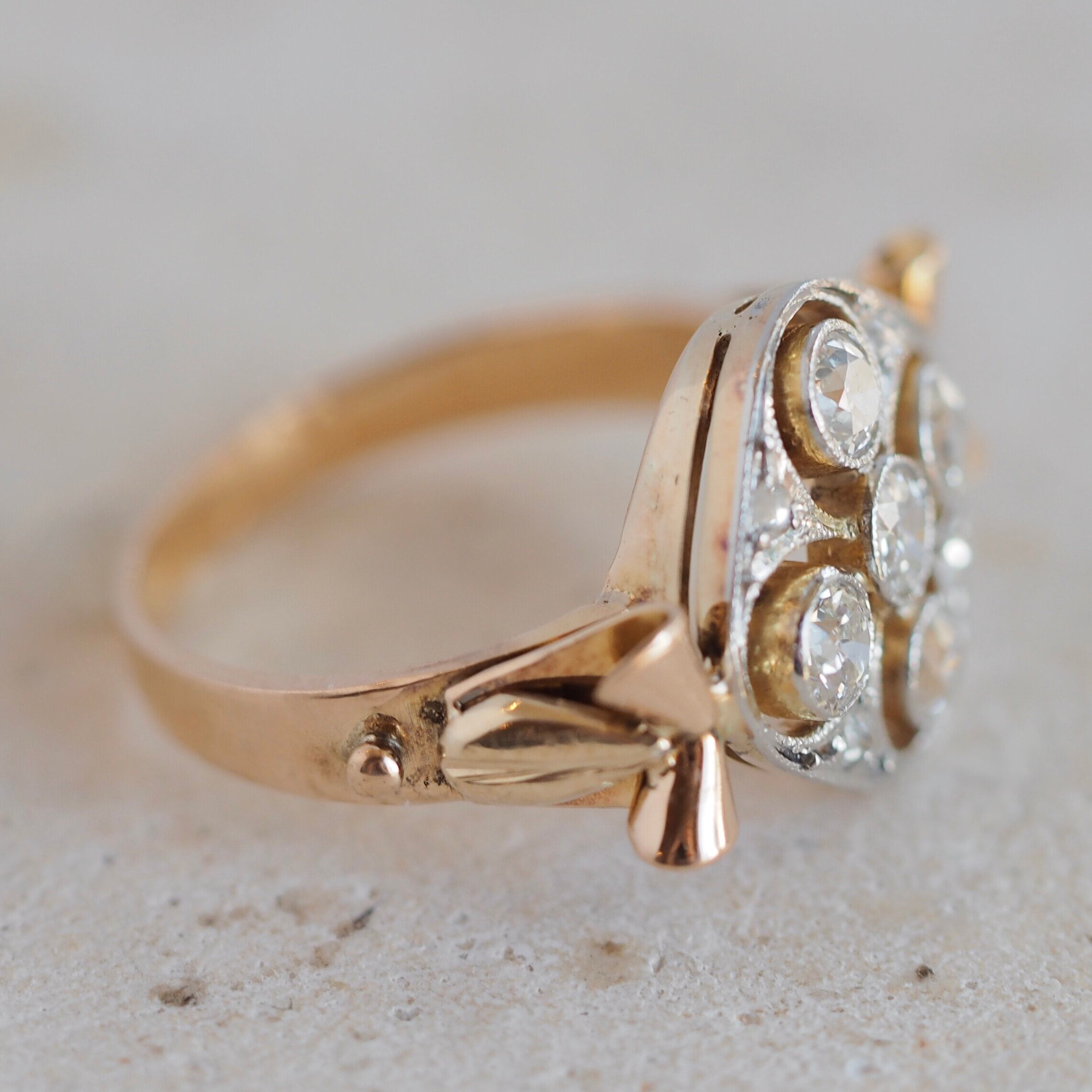 Vintage 18k Gold and Platinum Old European Cut, Old Mine Cut and Rose Cut Diamond Ring
