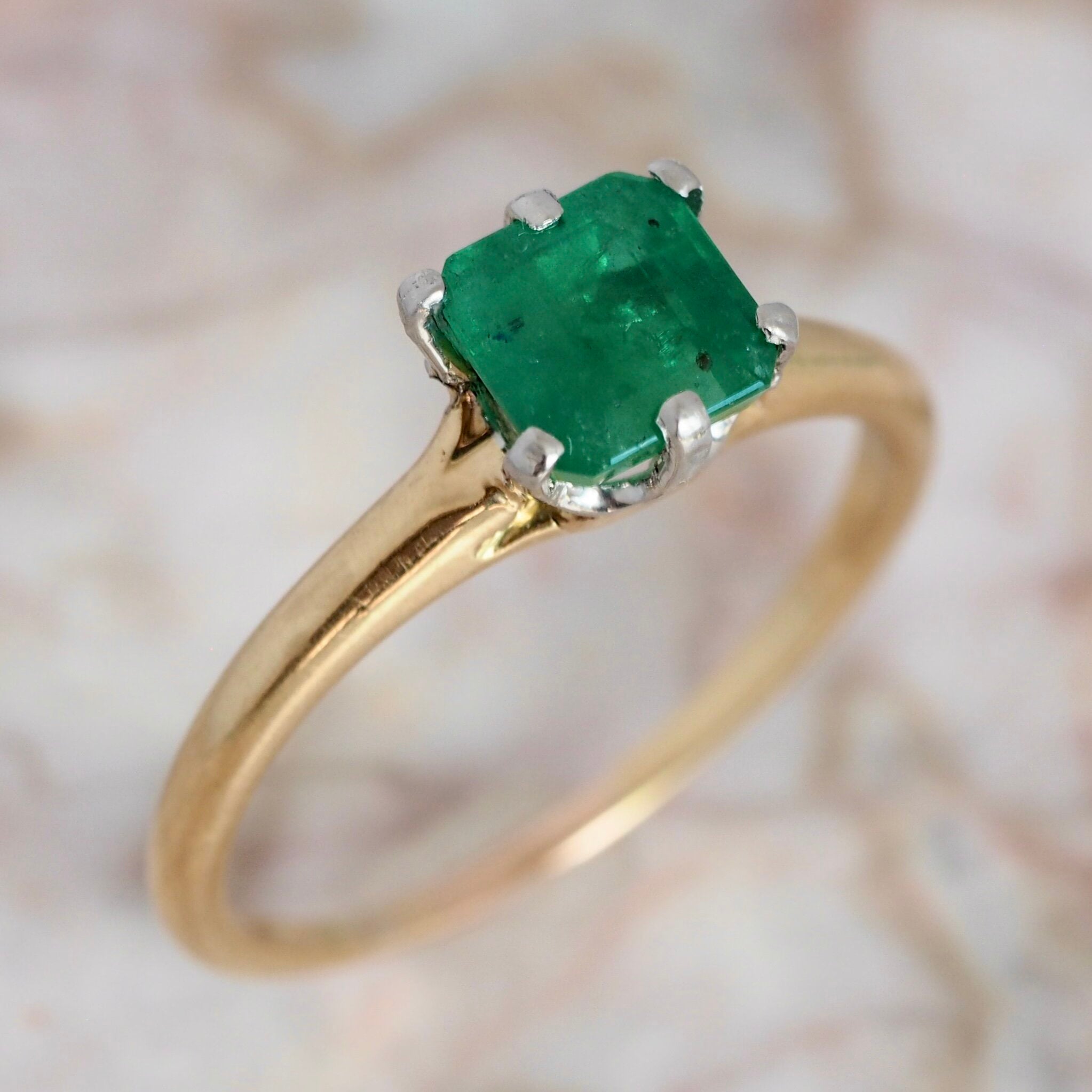 Vintage 18k Yellow and White Gold Emerald Solitaire Ring