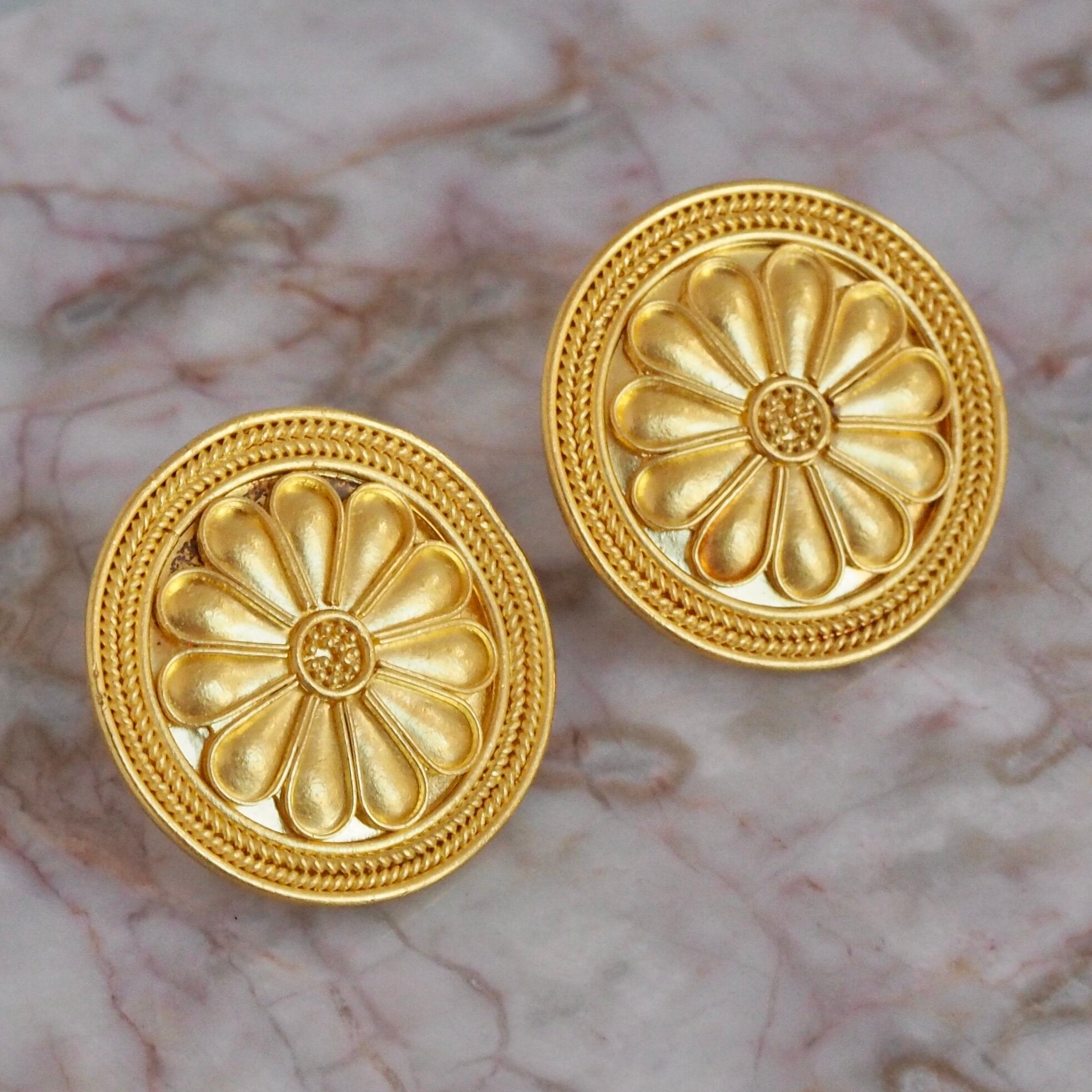 Vintage Ancient Style 22k Gold Floral Disc Earrings