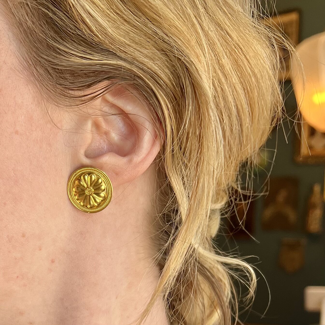 Vintage Ancient Style 22k Gold Floral Disc Earrings