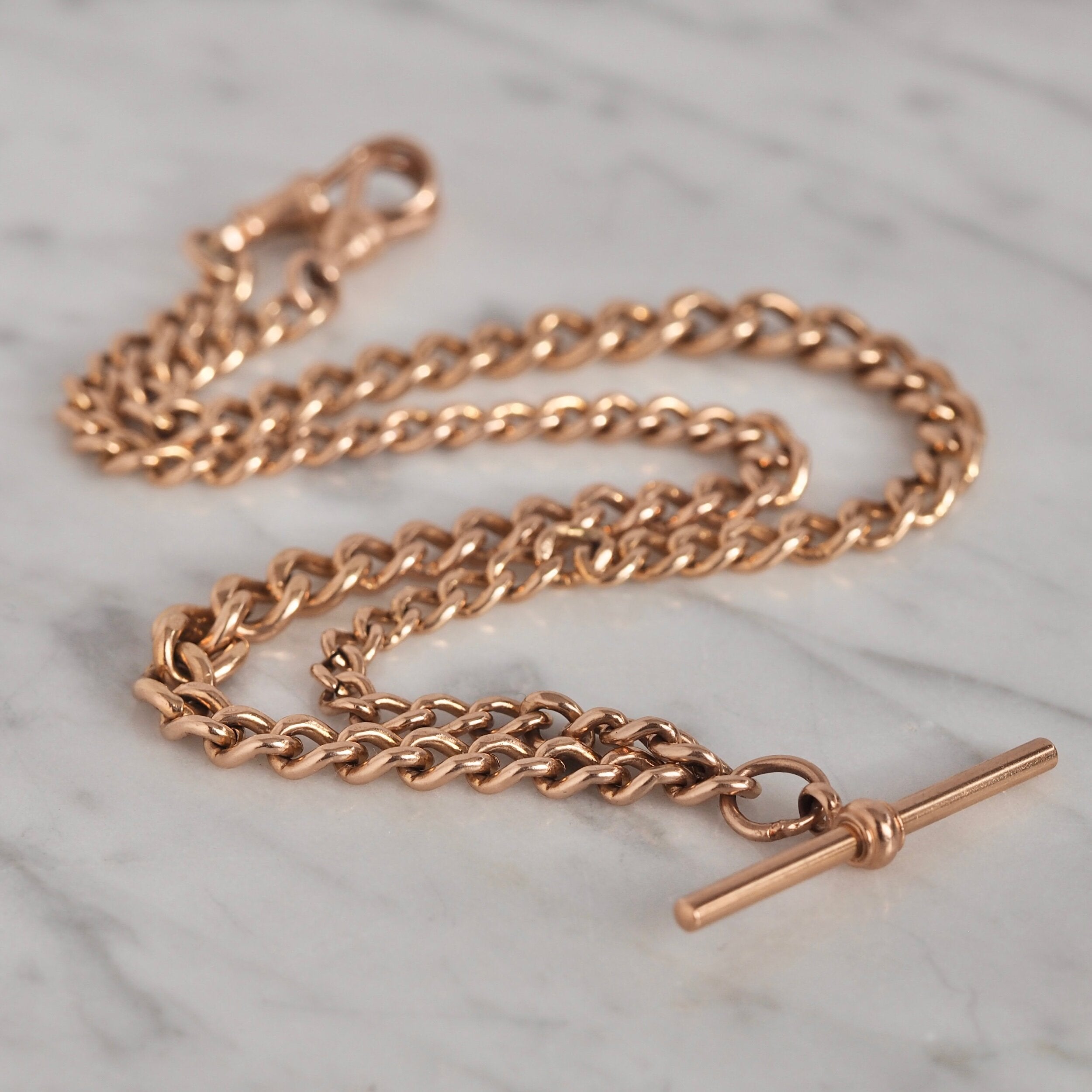 Vintage English 9k Gold Watch Chain With T-Bar and Dog Clip