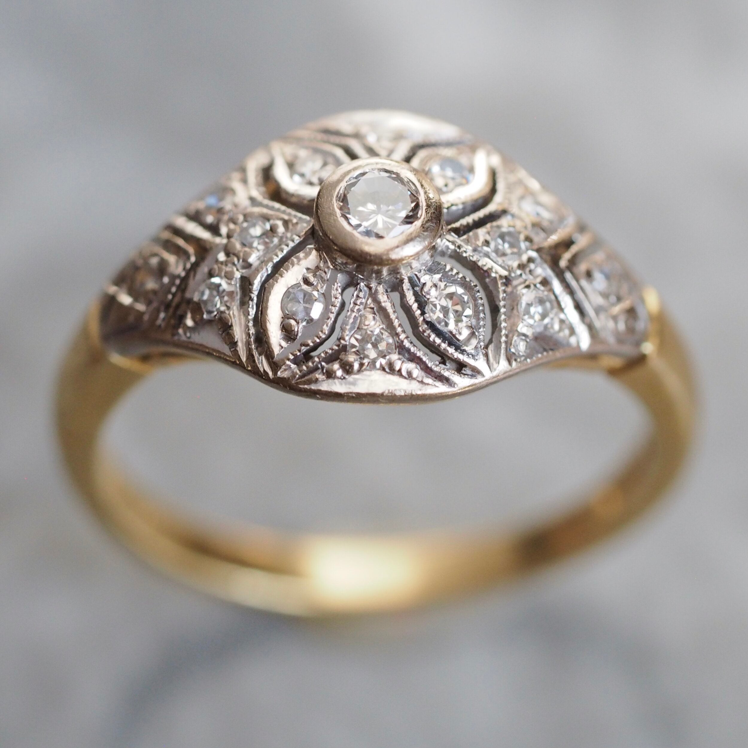 Vintage English Art Deco Style 18k Gold Diamond Engagement Ring