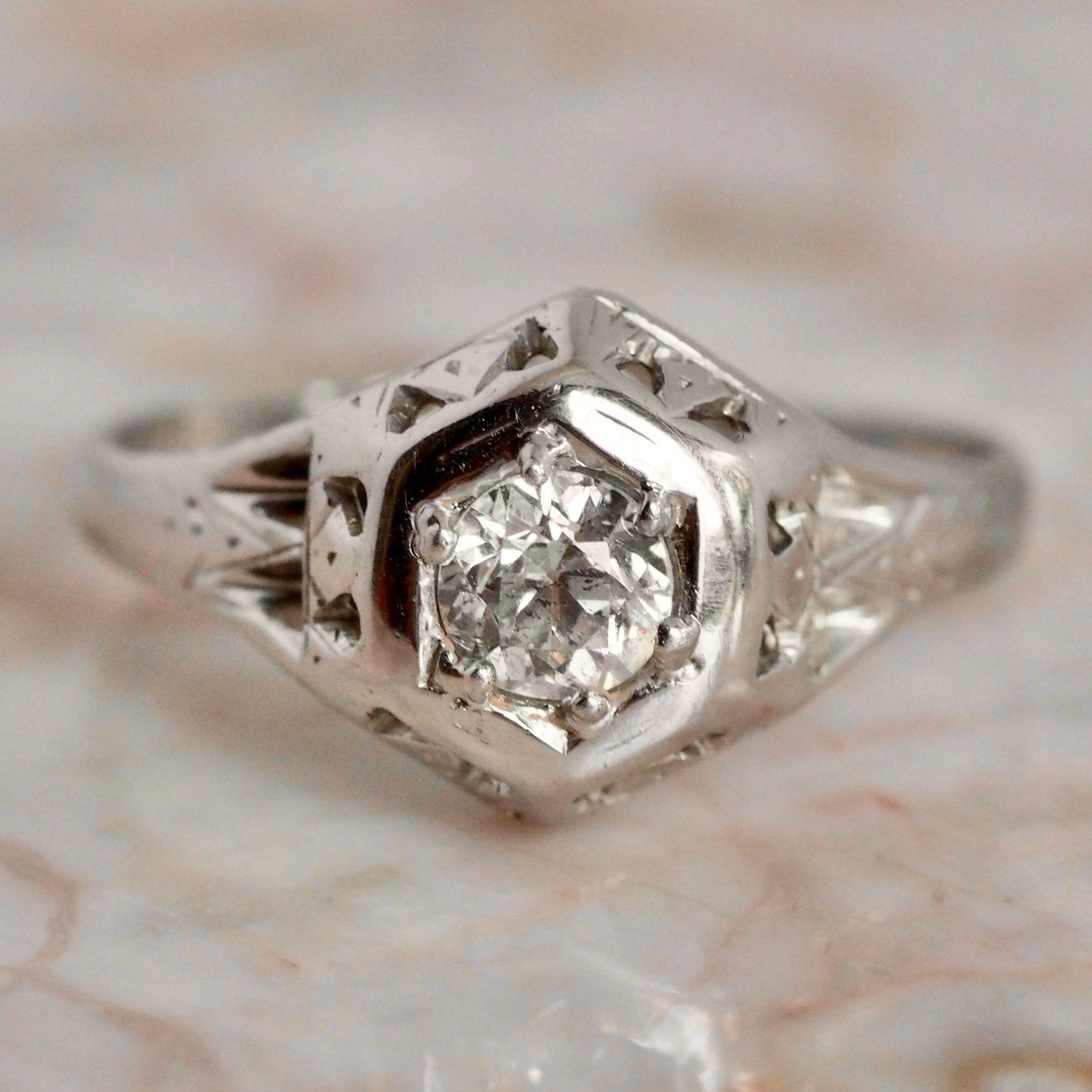 Art Deco 18k White Gold Belais Hexagon Diamond Solitaire Ring