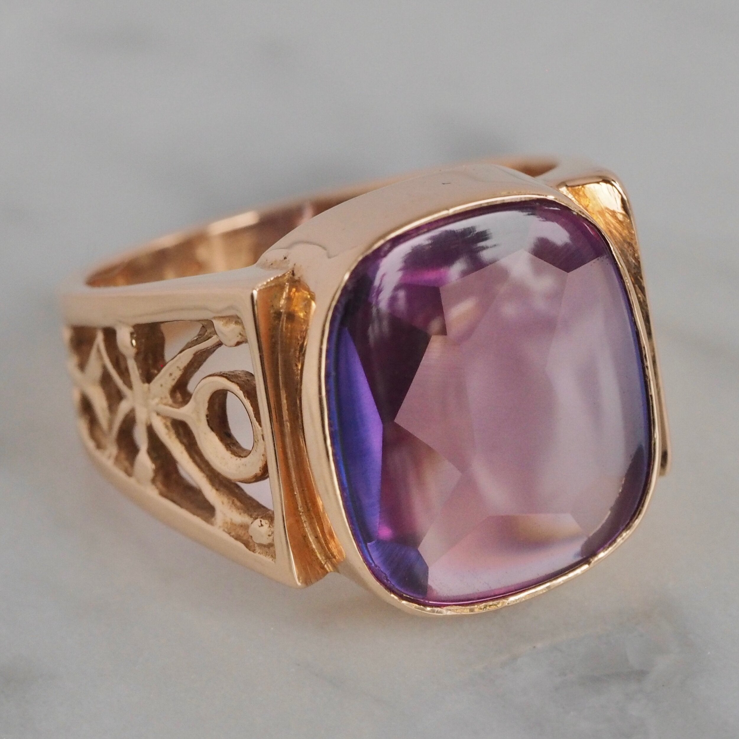 Vintage c. Late 1960's Hungarian 14k Rose Gold Buff Cut Lab Grown Sapphire Ring
