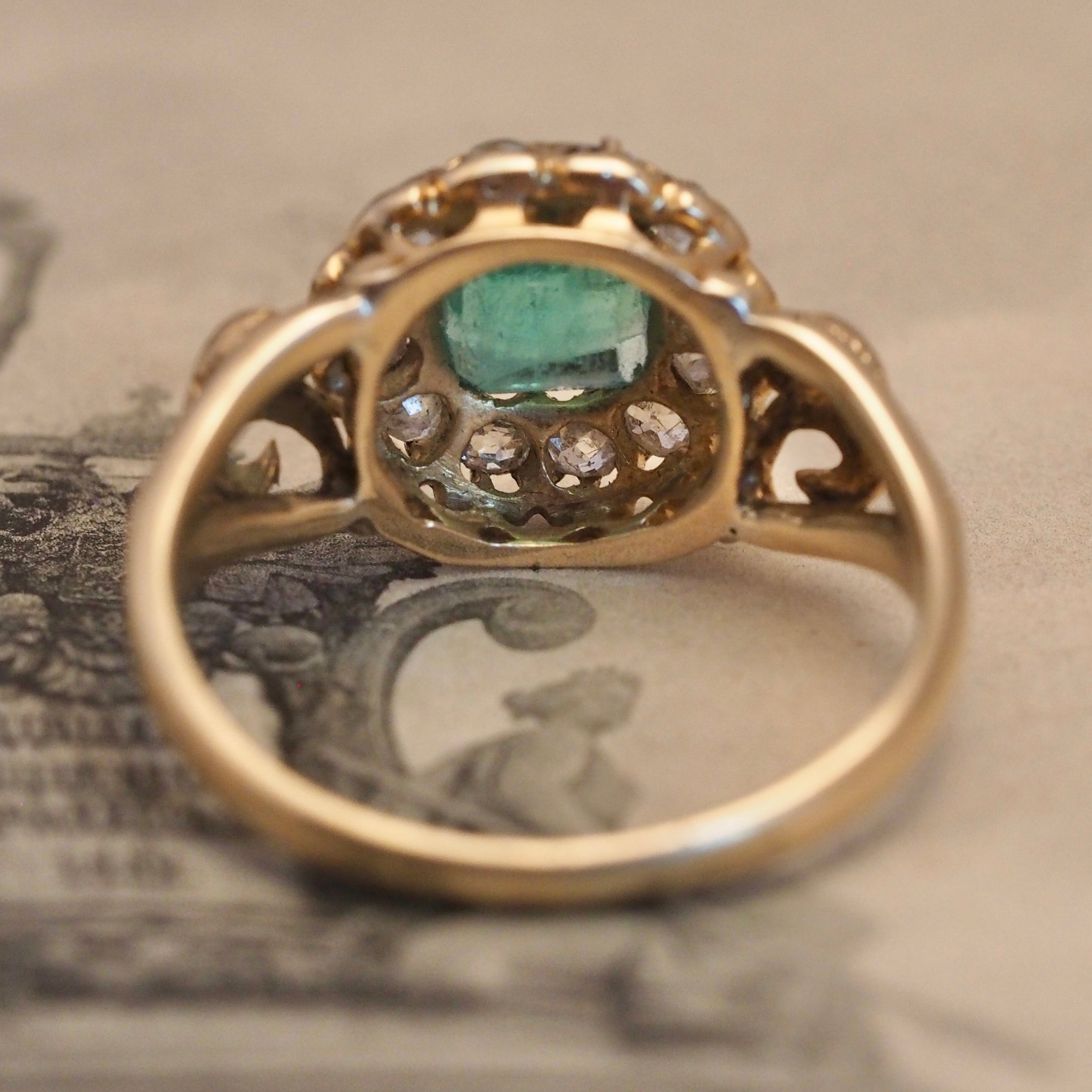 Antique Victorian 14k Gold Emerald and Old Mine Cut Diamond Halo Ring