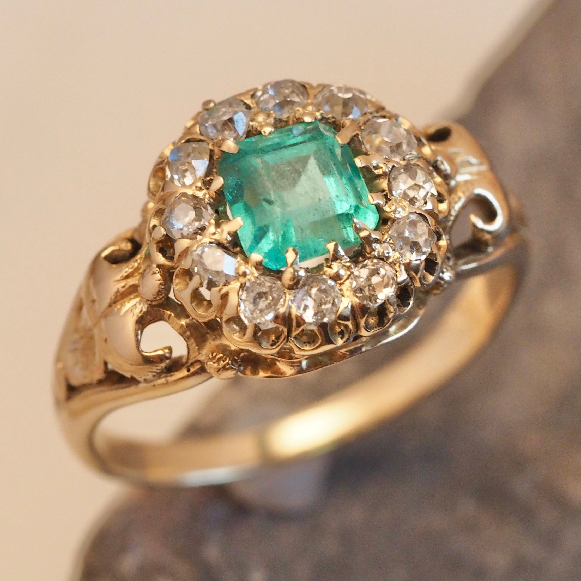 Antique Victorian 14k Gold Emerald and Old Mine Cut Diamond Halo Ring